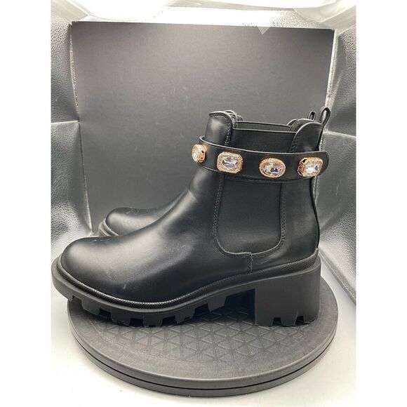Chelsea Boots Black with Block Heel & Bedazzled Gem Cuff Size 9 Chunky Blingy - Picture 4 of 13